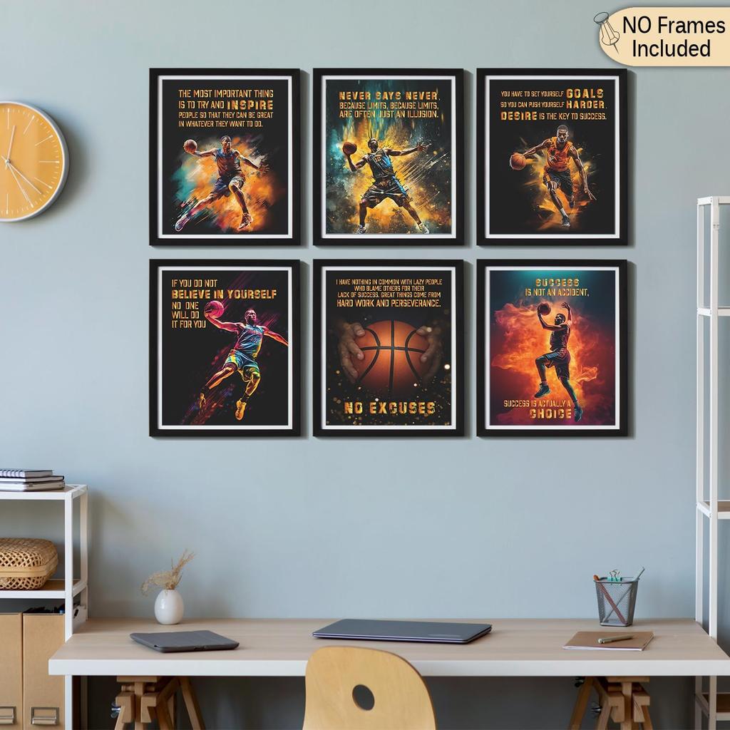 Motivational Quote Poster, pirational Sports Decor For Boys & Men's Room, Gift For Basketball Fans - Set Of 6, 8x10 In