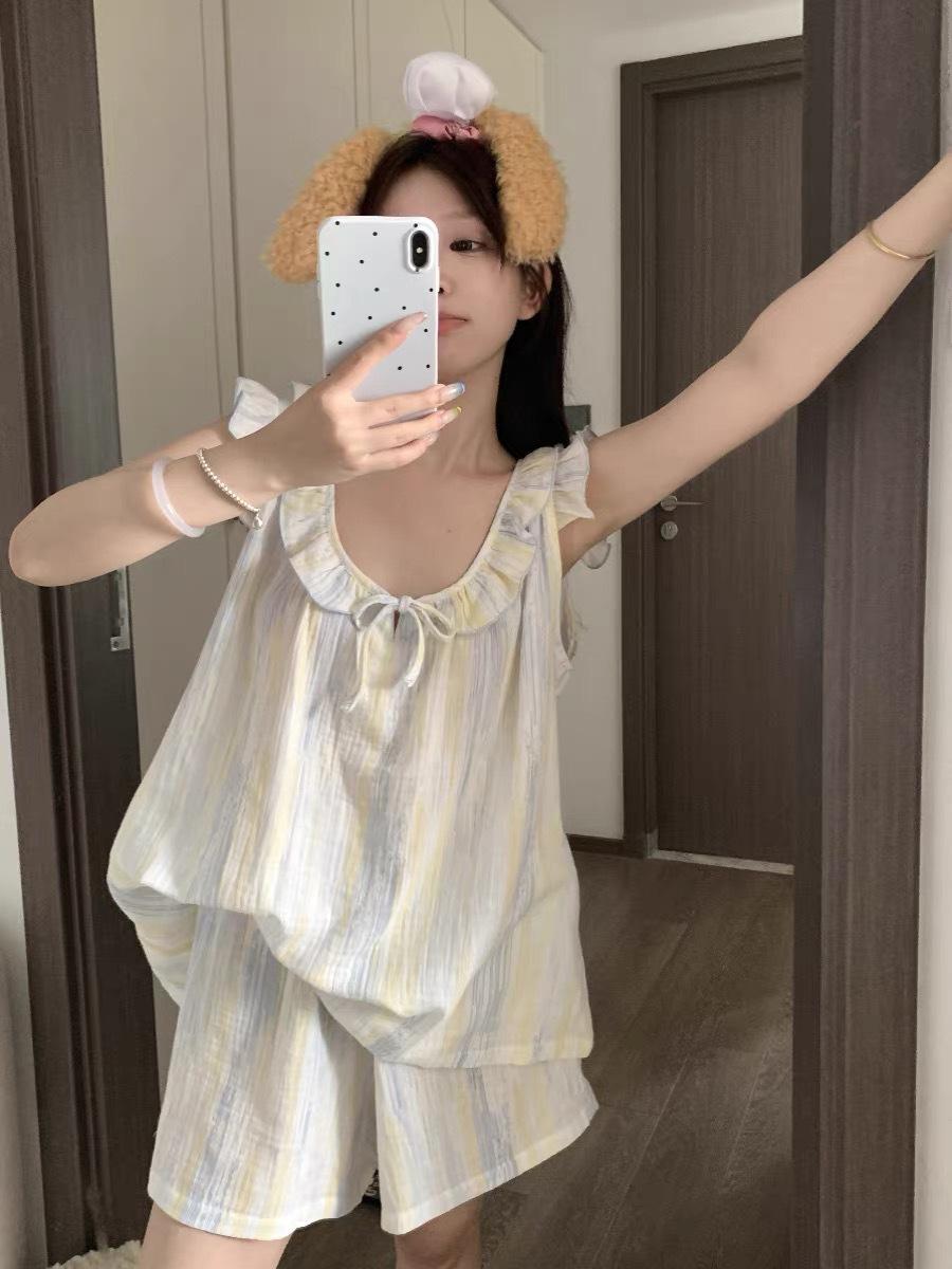 

Summer new tie-dye striped suspender shorts pajamas women s suit sweet student dormitory loungewear S