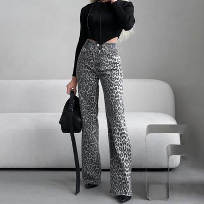 Women Leopard Print Jeans High Waisted Wide Leg Long Trouser Vintage Y2k Streetwear