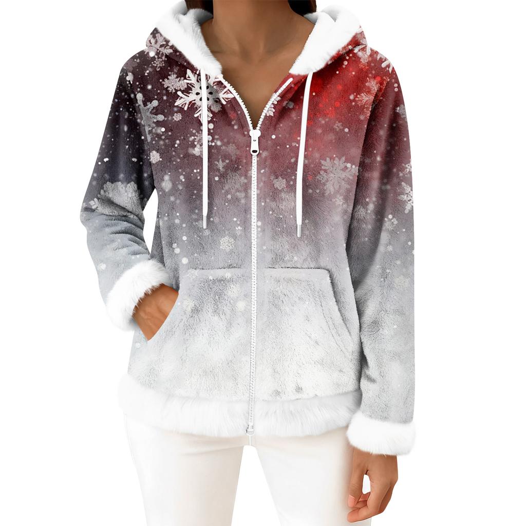Damen Freizeitmode Langärmiger Fleece-Kapuzen-Cardigan mit Reißverschluss