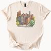 Cityscape Graphic T Shirt Hand Drawn Urban Street Scene Colorful Townhouses and Trees Art Tee Unique City Architecture Shirt