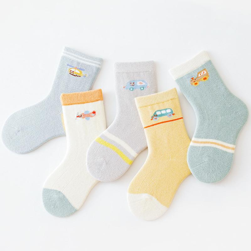 5 Paar Neugeborenen Socken Strick Weiche Baumwollsocken Kinder Mittelhohe Socken Auto Cartoon Säugling Kleinkind Socken für Jungen Mädchen