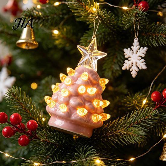 Mini Christmas Tree Decorations Ornament, Glowing Retro Resin Tabletop Decor with Star Charming Home Holiday Displays Topper, Vintage Xmas Trees Night