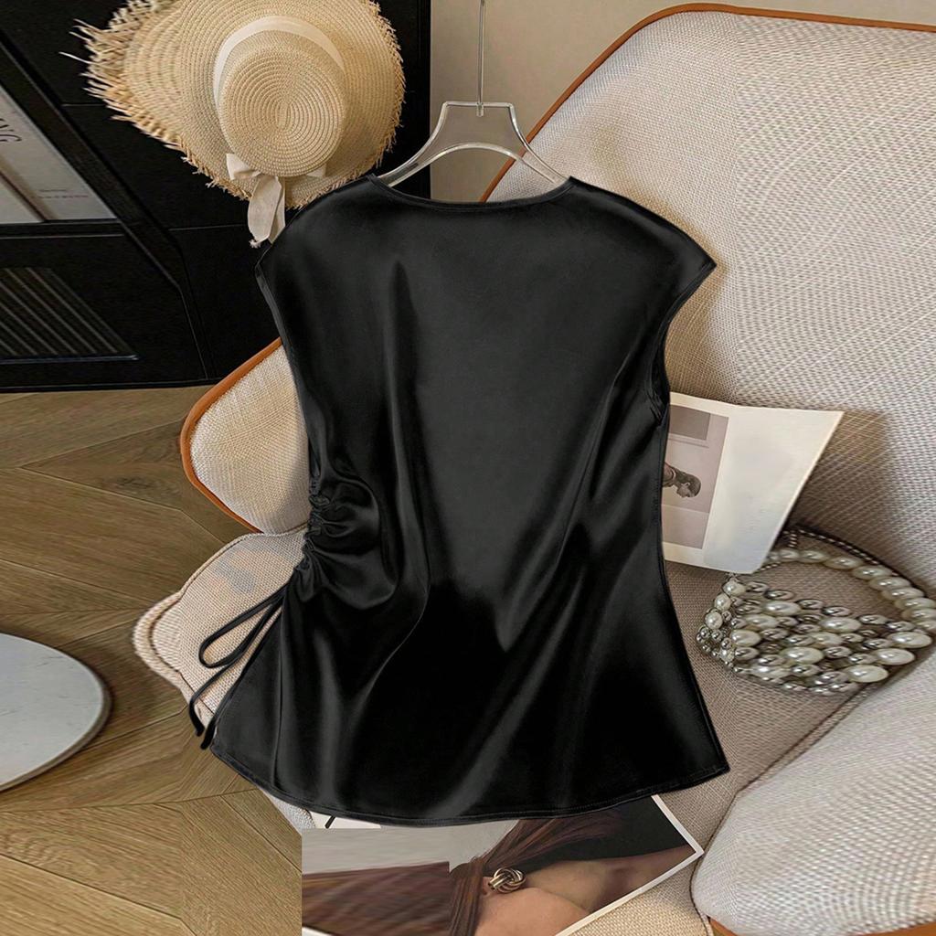 Damen Freizeit Satin V-Ausschnitt Tunnelzug Hemd Top