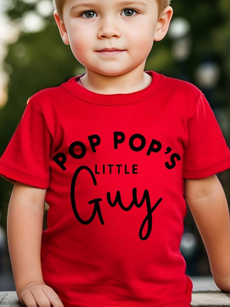 Bright Yellow Kids Short Sleeve Tee Pop Pop's Little Guy Cute Cursive Text Grandson Theme Casual Boys Daily Top