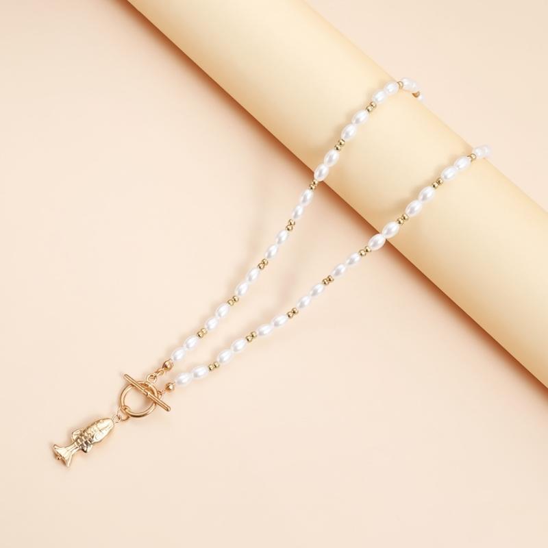 Collana Pendente Creativa a Forma di Pesce Impreziosita da Perle Finte e Perline con Chiusura OT Catena per la Clavicola per Vari Abbigliamenti
