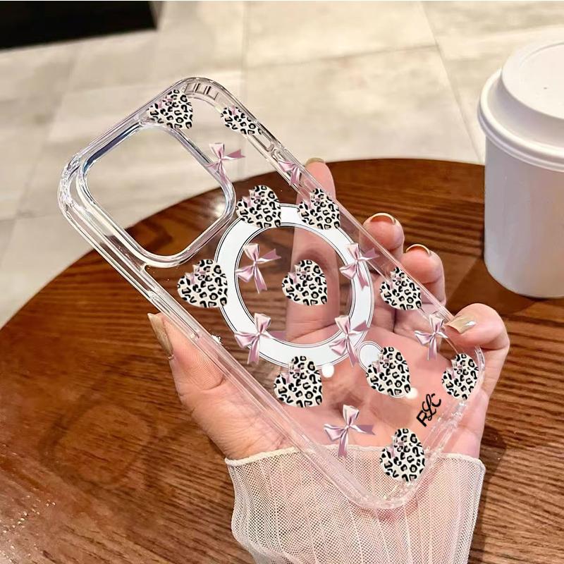 Leopard Print Heart Pink Bow Magnetic Phone Case For iPhone 17 Pro 16 15 14 13 12 11 17 Pro Max 7 8 Plus 16E 17 Air Clear Cover