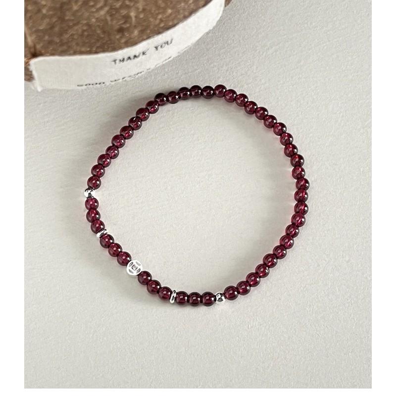 Sterling Coin Garnet Beaded Bracelet Women Minimalist Boho Style Adjustable Handmade Jewelry B3036