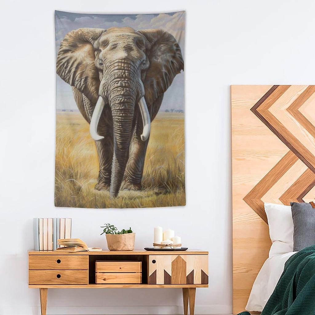 VIKAMA African Savannah Elephant Tapestry Realistic Oil Painting Style Wall Hanging Living Room Study Bed Breakfast Decor