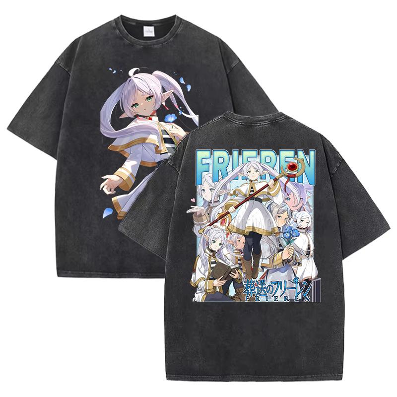 Hot Sale Anime Peripherals Frieren: Beyond Journey's End Graphic Print T-Shirt Men Women Streetwear Fashion Vintage Washed Cotton Summer New Tee