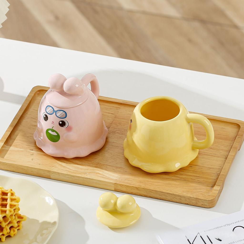 Cute 3D Rabbit Ceramic Mug with Lid Couple Coffee Milk Tea Water Cup Large Capacity Breakfast Cups Household Drinkware