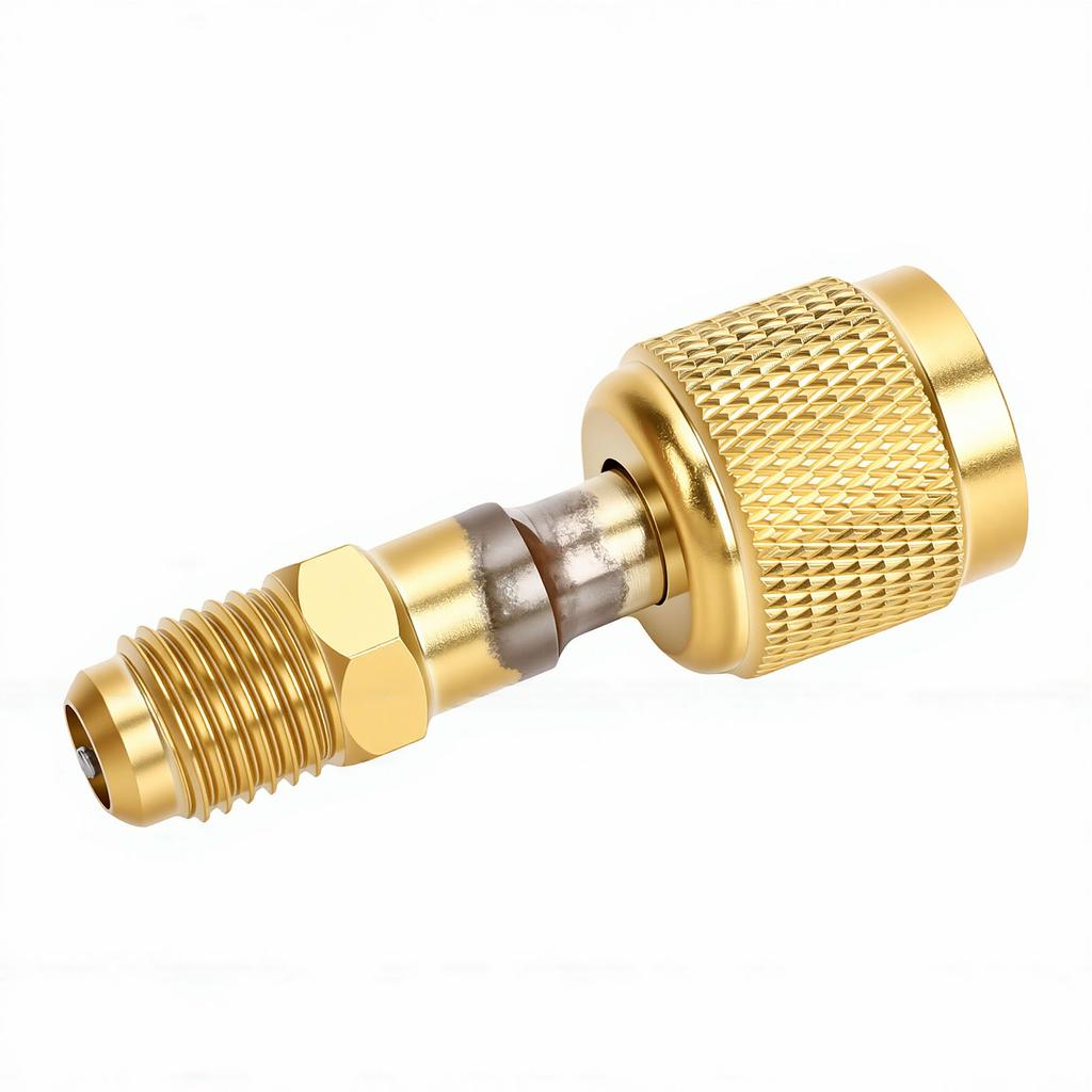 A2 Brass Refrigerant Adapter Straight Through HVAC Charging Adapter R32 Reverse Thread 1 4in Internal 1 4in External