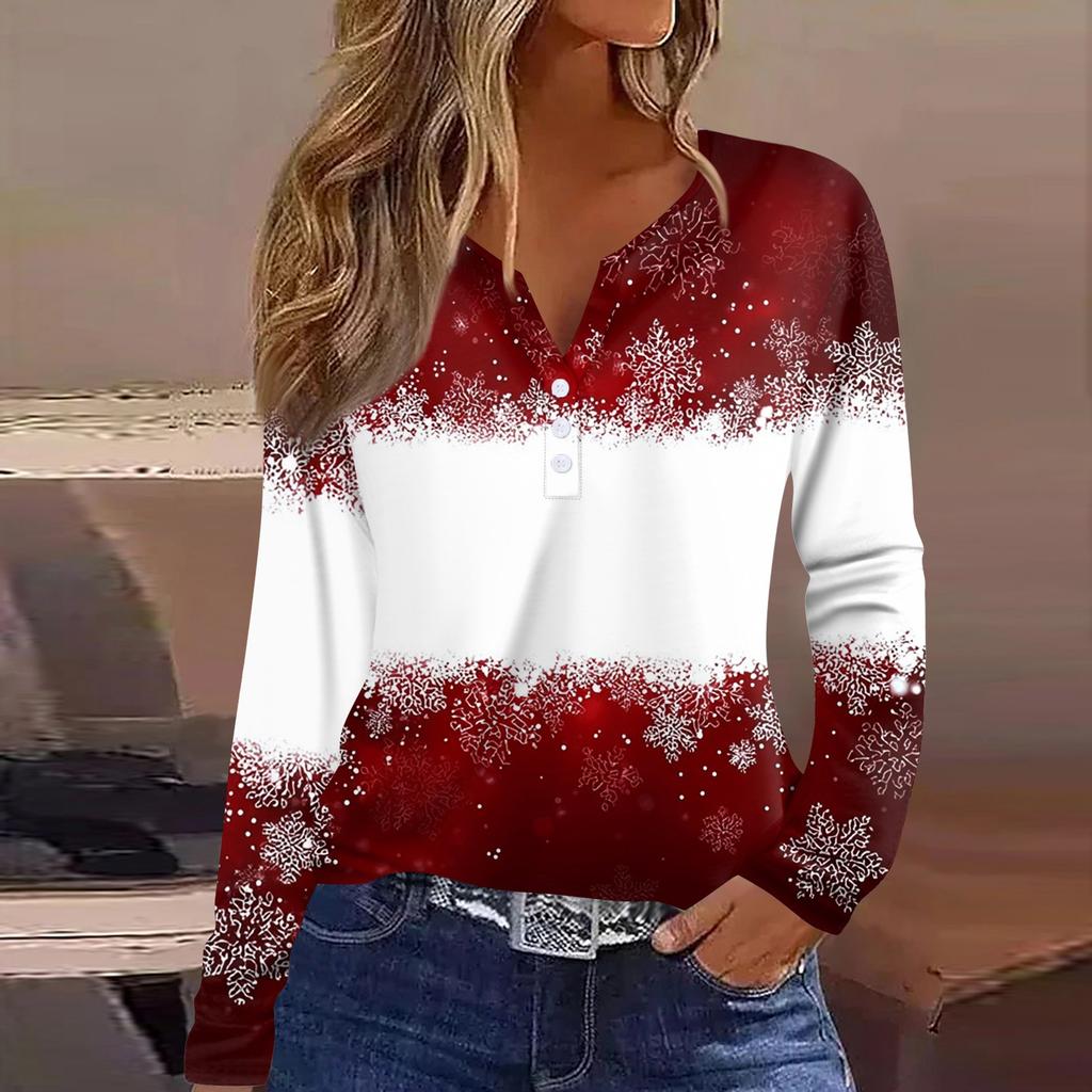 Women's T Shirt Tee Christmas Printed Button Long Sleeve Tunic Daily Weekend Fashion Basic V- Neck Regular Top
