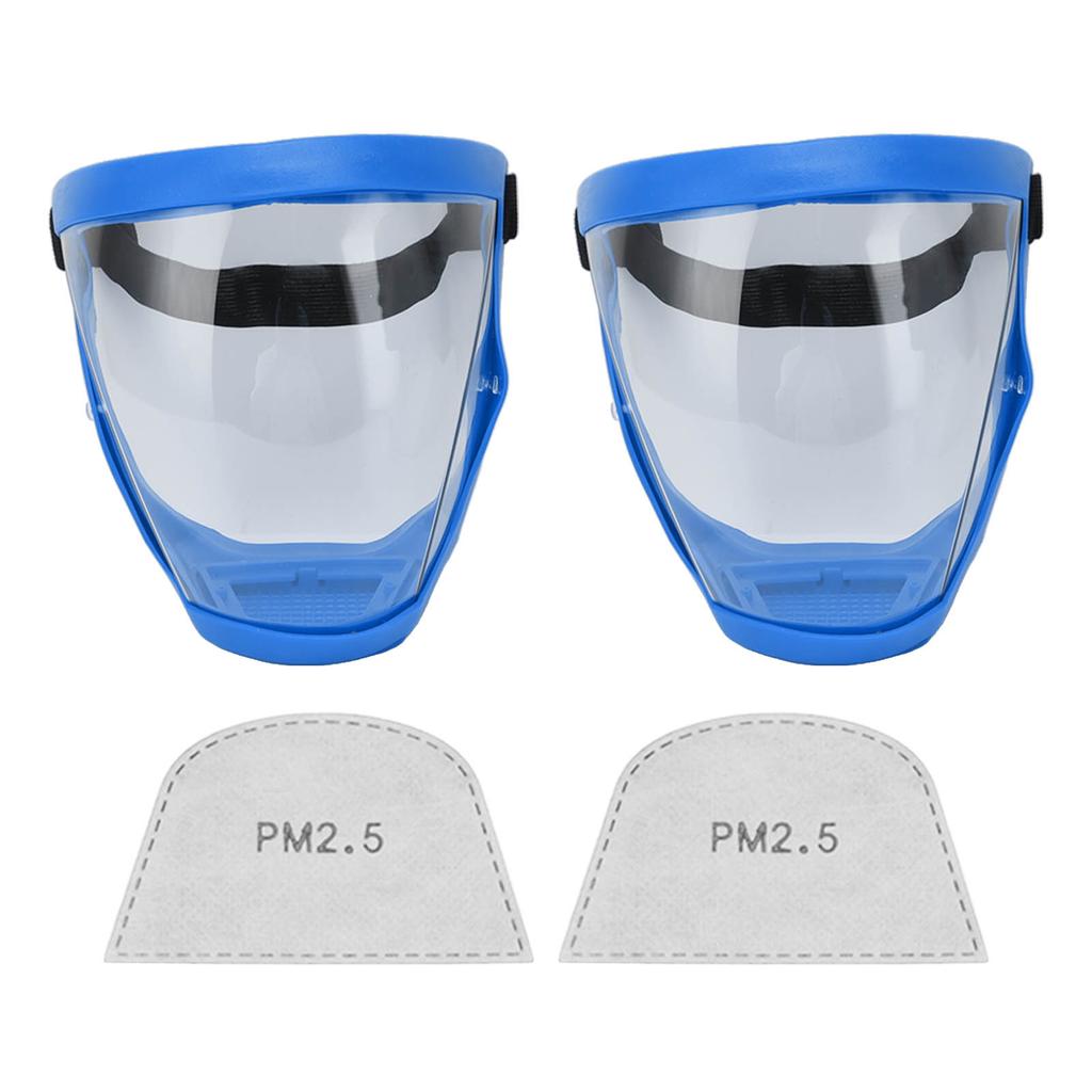 2pcs Protective Face Cover Dustproof Safety Elastic Belt Reusable Face Shield With Filter Cotton Pads Transparent Adult Blue