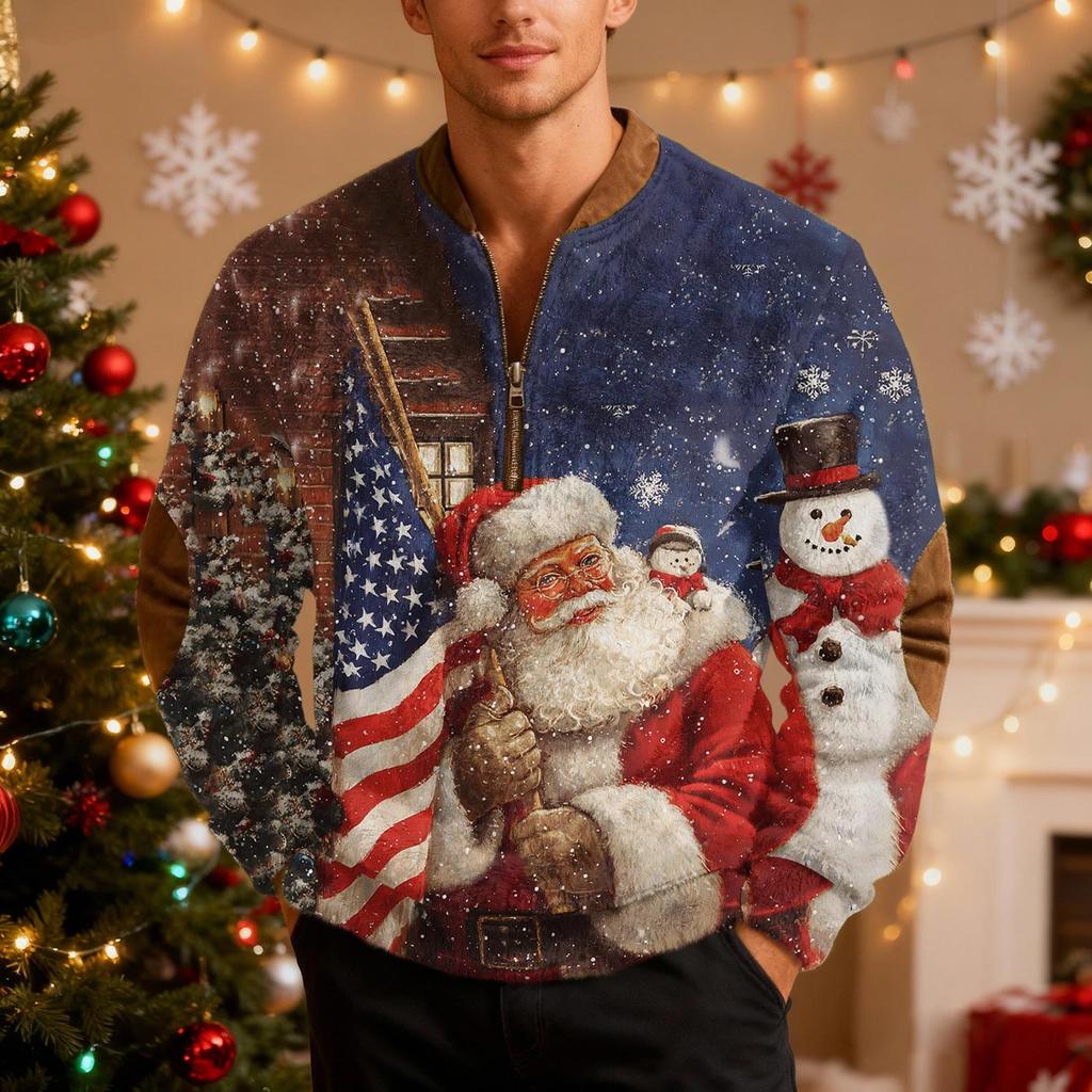 Mens Christmas Sweater Zip Up Sweatshirts Vintage Knit Graphic Sweatshirt Xmas Stand Collar Pullover
