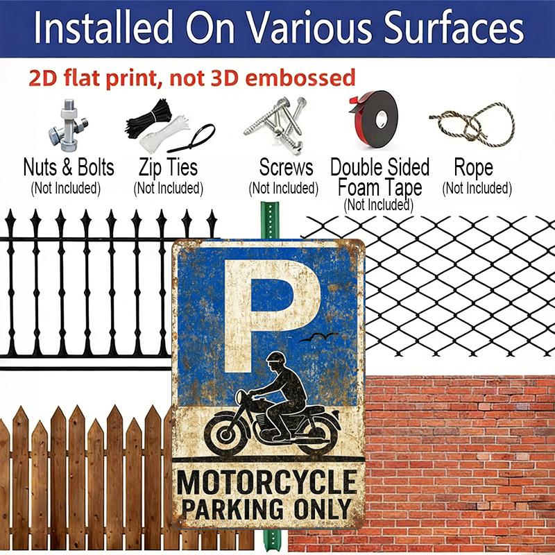 2D Flat, 1pc 7.87x11.81inch Aluminium Sign - "Motorcycle Parking Only" Vintage Distressed Metal Plaque - Wall Decor Reflecting Vintage Style, Ideal