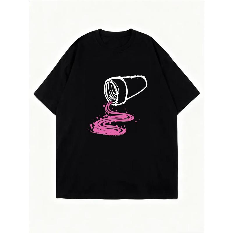 White Crew Neck T Shirt With Pink Wine Splash Design For Casual Wear