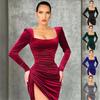 New Women's Elegant Sexy Square Neck Ruched High Waist Bodycon Split Dress Temperament Sexy Square Collar Retractable Small Dress
