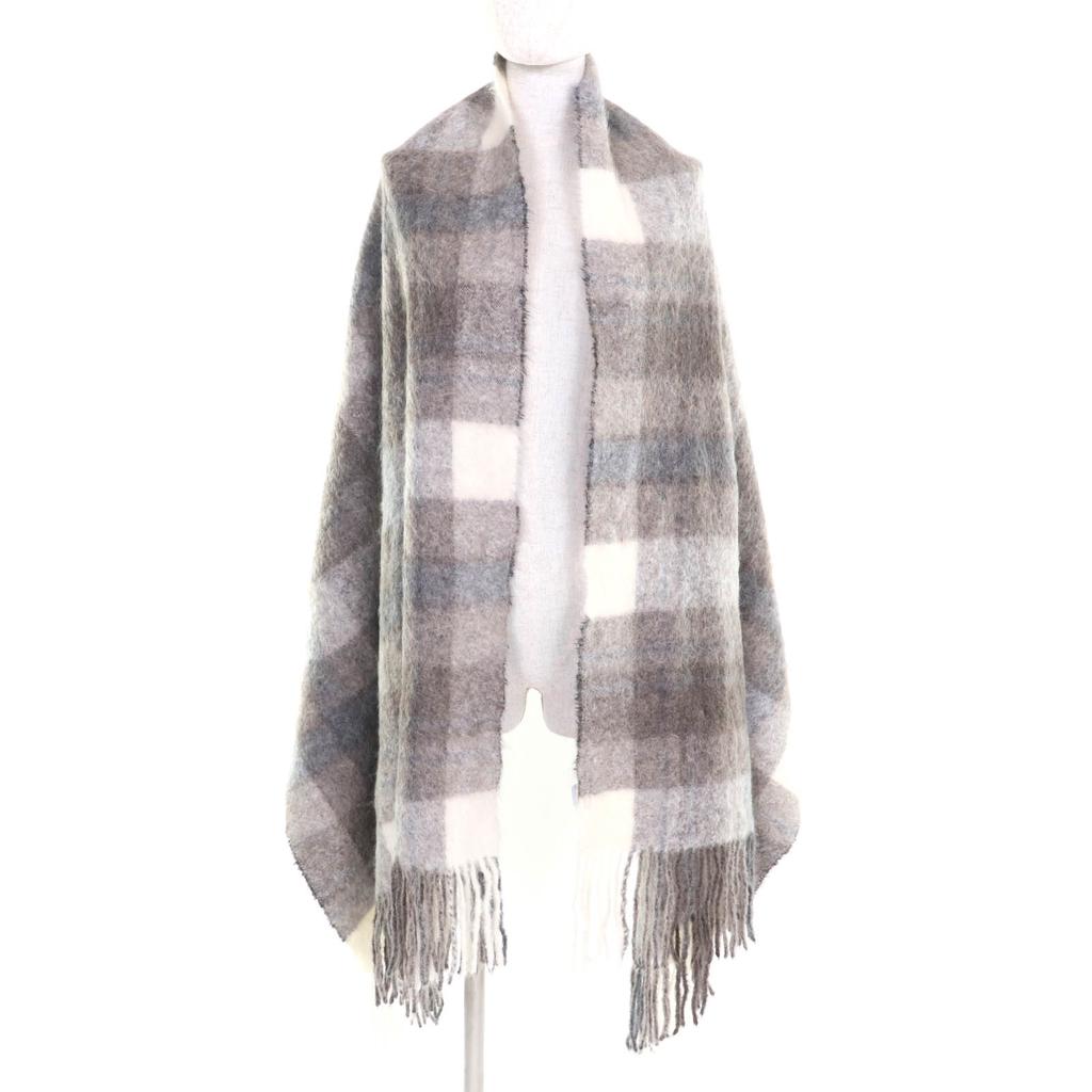 Excellent Brunello Cucinelli Shawl Large Checked Fringed Scarf Gray White Alpaca Women Used