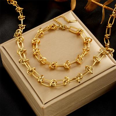 Stainless Steel Twist Knot Necklace Bracelet for Women Girl Jewelry Set