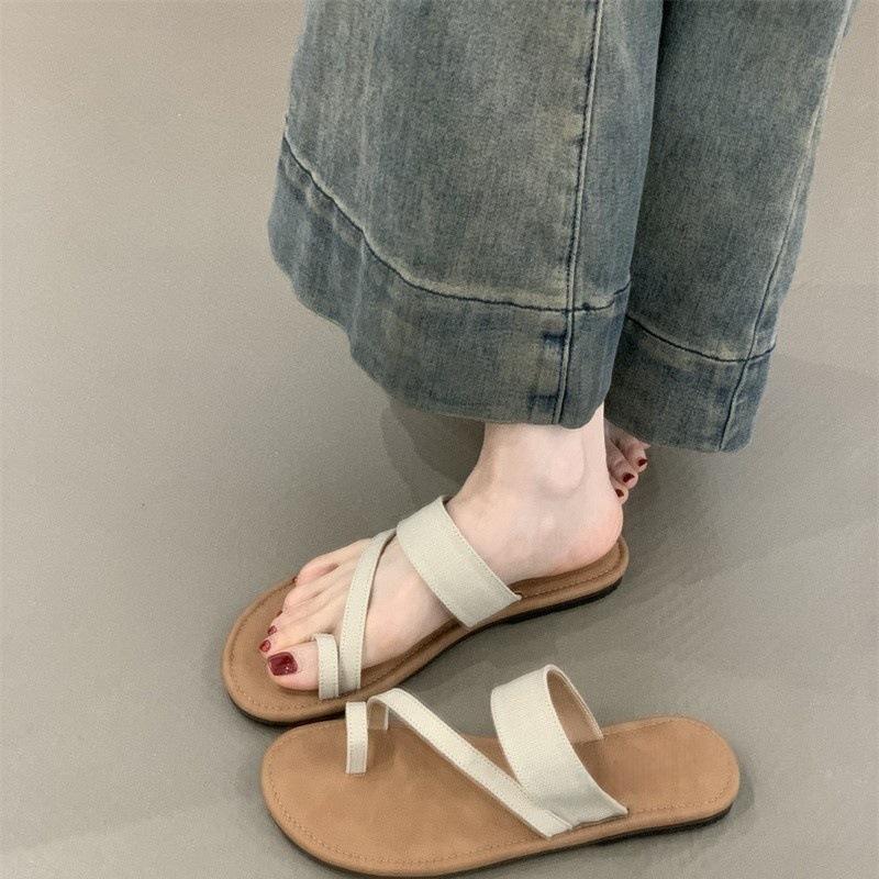 Set of toe Roman sandals 2025 summer Korean version ins style linen toe holiday beach flat cool slippers women