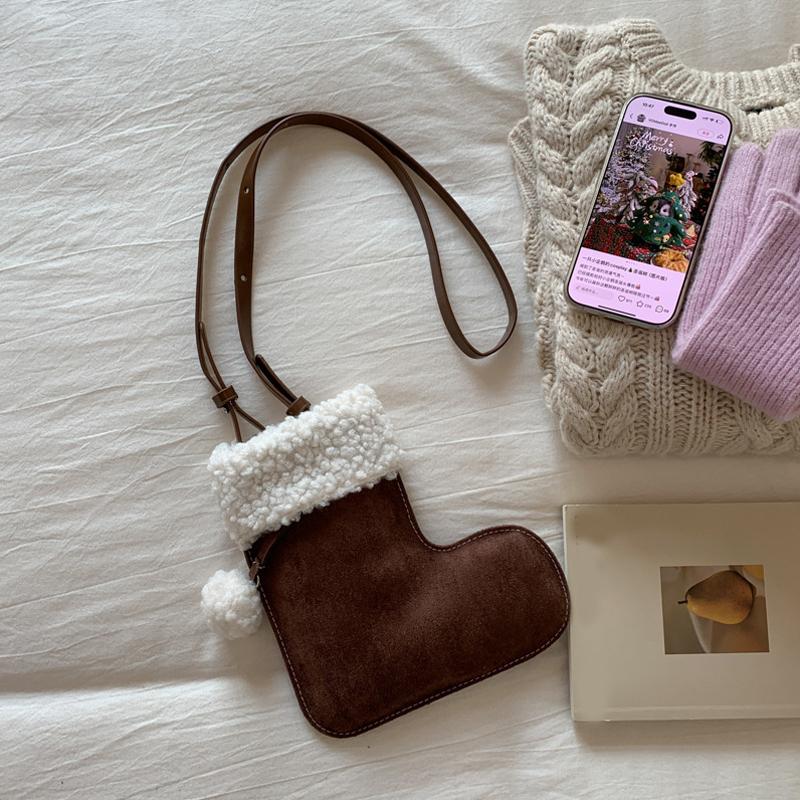 Portable Simple Style Suede Crossbody Bag Fluffy Lightweight Lamb Shoulder Bag Travel Christmas Sock Bag Women