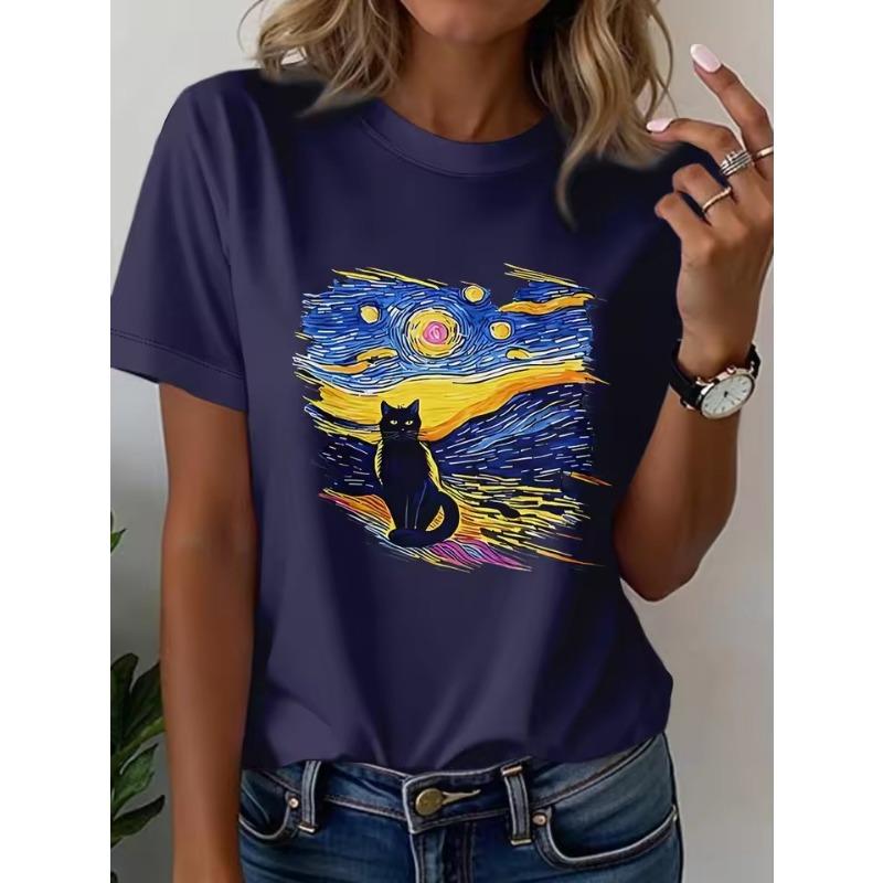

Милая футболка с 3D-принтом кошки, повседневная футболка с коротким рукавом и круглым вырезом, женская одежда, модные повседневные топы оверсайз, футболки, женская S