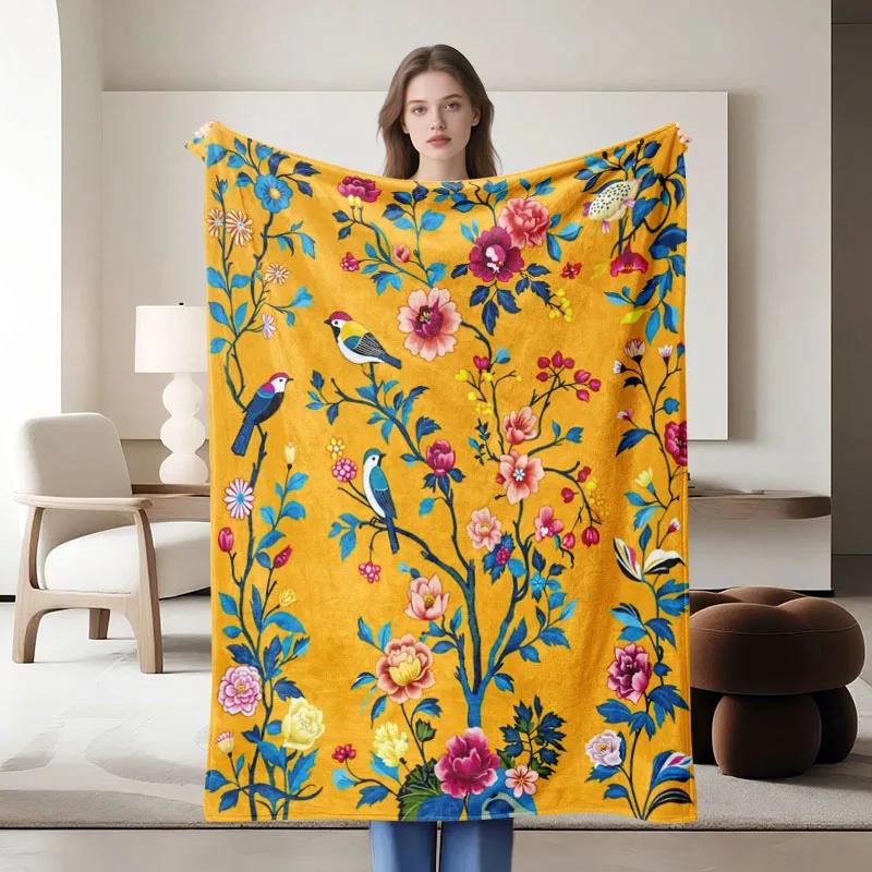 Yellow Floral Tree With Birds Art Print Fleece Blanket Boho Style Soft Warm Throw Interior Decoration Bedding Cover For Home