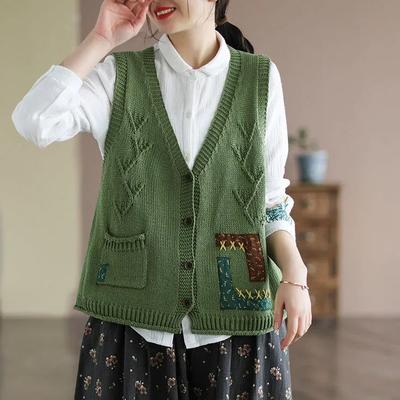 Floral Patch Pocket Cotton Women's Knitted Vest Cardigan Loose and Slimming Autumn Casual V-neck Sleeveless