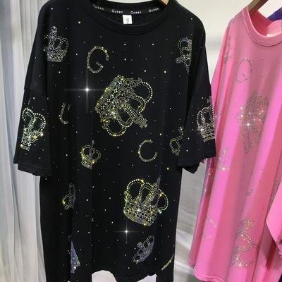 Extra Large Size Hot Diamond T-shirt Crown Shiny Short-sleeved Summer Fashion Western Style Top