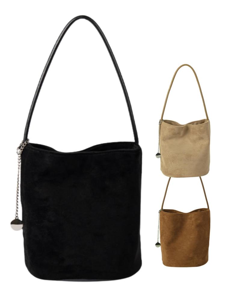 Over the Moon Women's Suede Bucket Bag, Shoulder Bag with Pocket, Korean Style, Black, for Women In Their 50s