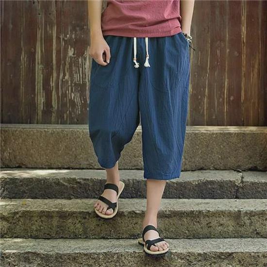 

Свободные 7-точечные хлопковые льняные широкие мужские шорты - модные летние повседневные модели в китайском стиле 5XL темно-синий