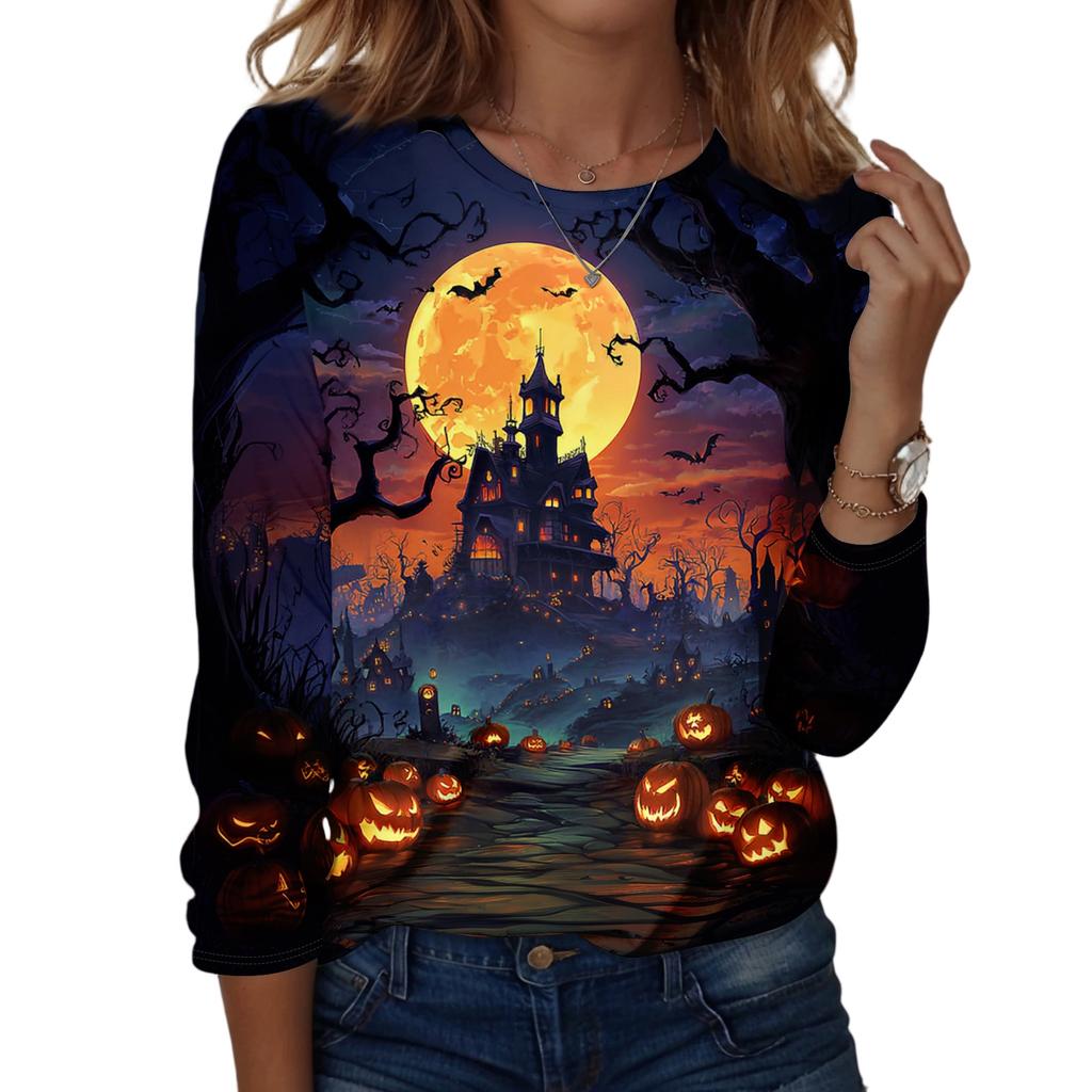 Women Long Sleeve Casual Pullover Sweatshirt Halloween Printed Crew Neck Top Lightweight Comfortable Fit for Everyday Wear
