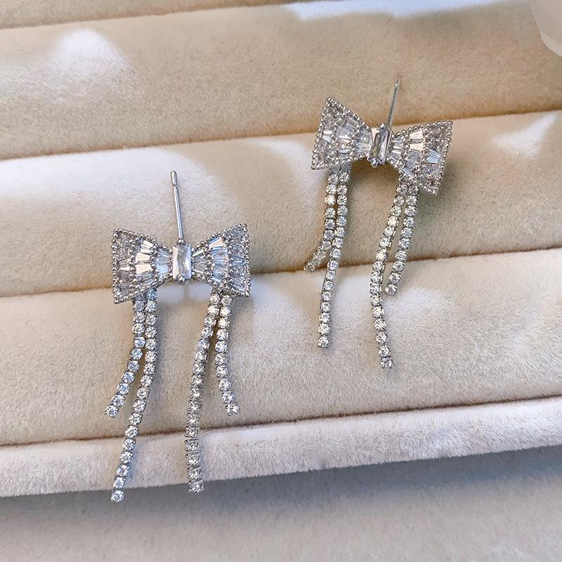 Silver Bow Tassel Earrings Copper Inlaid CZ Zircon Dangle Earrings Sweet Minimalist Jewelry for Women