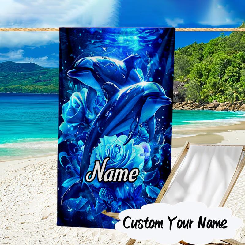 Custom Name Love Dolphins Heart Microfiber Beach Towel Super Soft & Absorbent for Bath, Beach, Travel Bath Time Accessory, Fan gifts