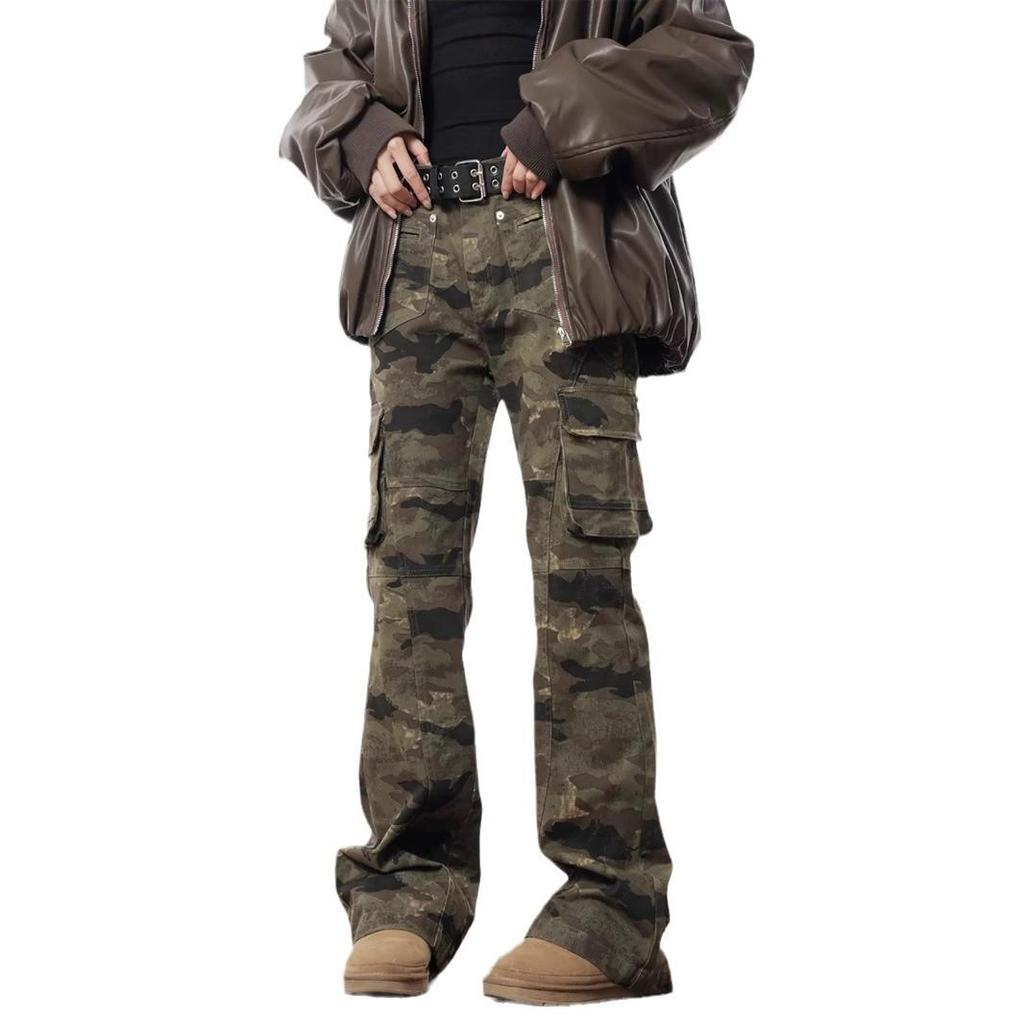 Unisex American Retro Camo Slim Fit Multi-Pocket Jeans with Micro Flare