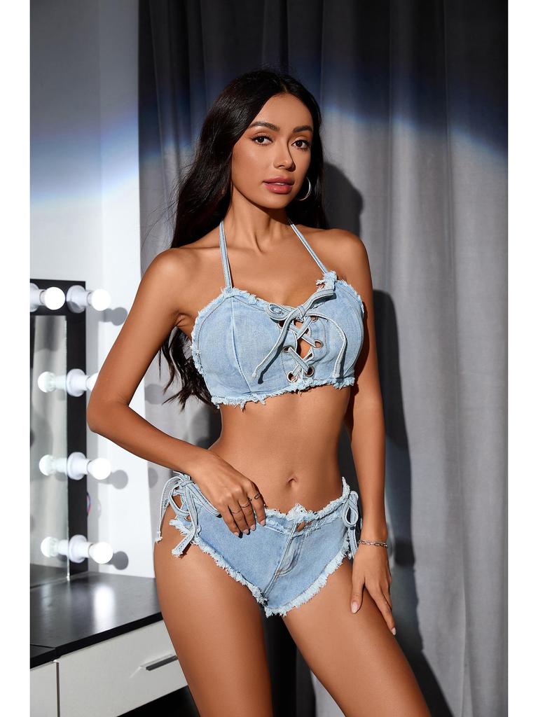 Europäischer & Amerikanischer Sexy Denim Shorts und Split Badeanzug Bikini Set für Strandurlaube