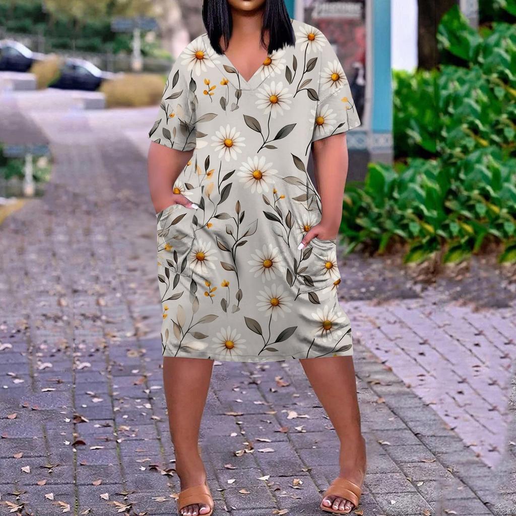 Summer Plus Size V Neck Short Sleeve Knee Pocket  Print Casual Dress For Women