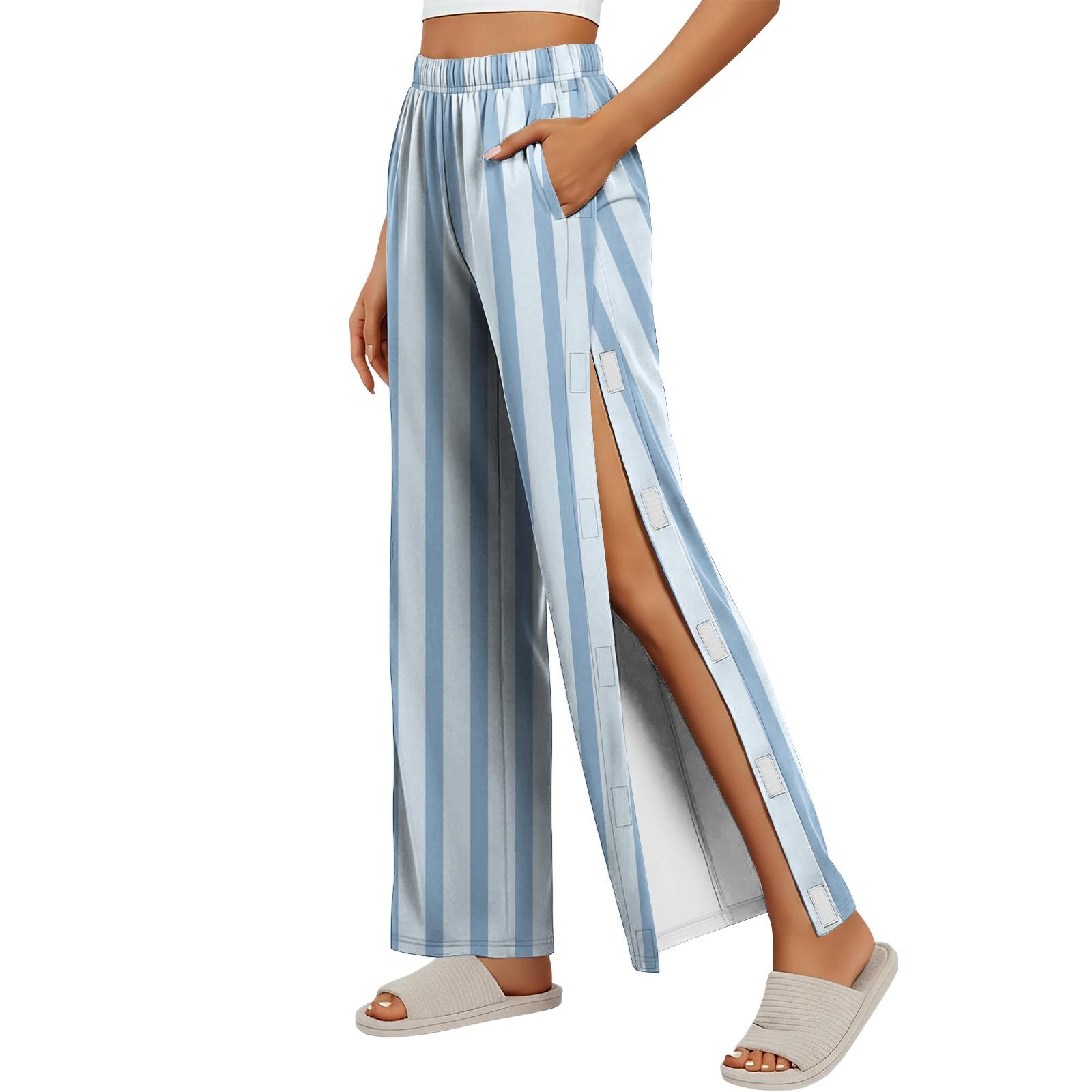 

Women Striped Side Hook and Loop Closure Easy Open Post Surgery Recovery Pants Elastic Waistband Long Length Medical Care Trousers L
