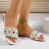 Luxury Colorful Big Rhinestone Decoration Slides Women 2025 Summer Square Toe Low Heel Slippers Pearl Chain Beach Sandals Women