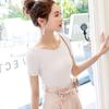 Women Summer Knitted Ice Silk T-Shirt Tops Short Sleeve Slim Fungus Leaf Collar High Waist Solid Color Cool