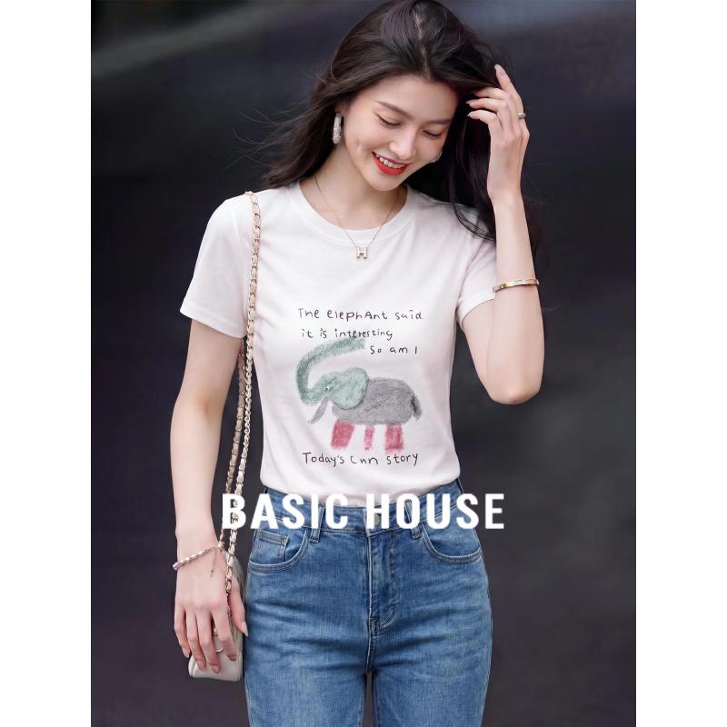 Basic House Women s Elephant Print Short Sleeve T-Shirt M