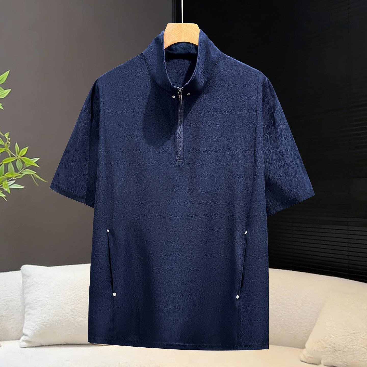 

Extra Big Size Mens Ice Silk T Shirt Half Zipper Short Sleeve Cool Tshirt Male Plus Large 6xl 7xl 8xl 9xl 10xl Elegant Quick Dry 12XL синій