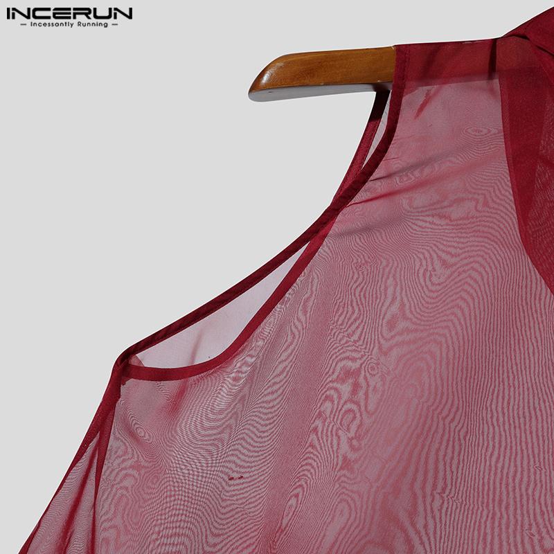 INCERUN Men Tie Neck Sleeveless See Through Mesh Sheer Party Club Tank Tops