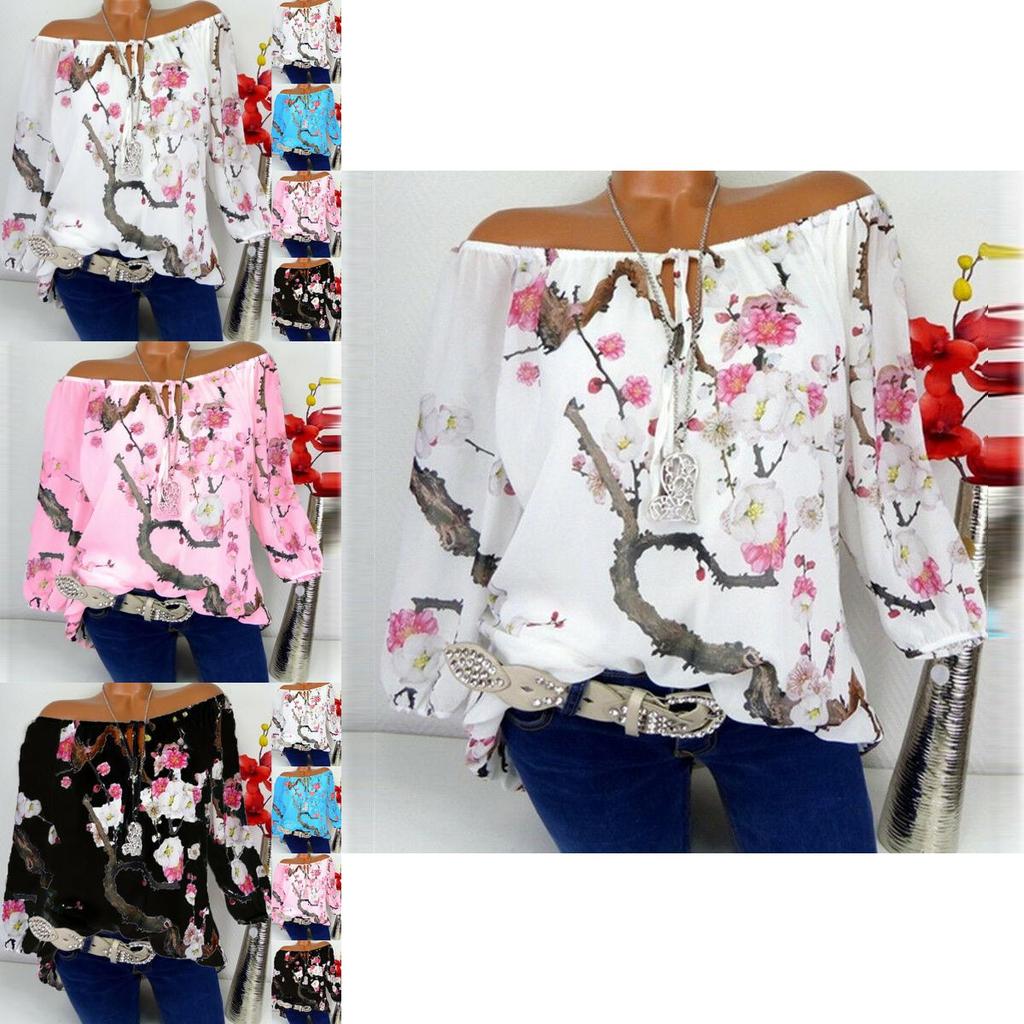 Off Shoulder Women Floral Tops Ladies Summer Loose T Shirt Blouse Size Plus Chiffon Blouse