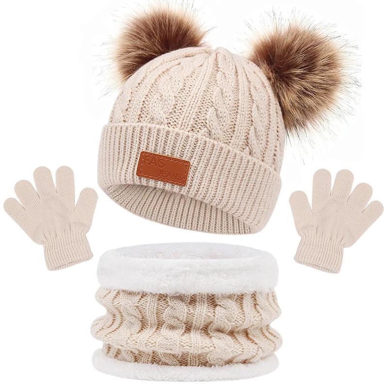 3 STÜCKE Niedliche Bommel Strickmützen Winter Baby Mütze Schal Handschuhe Set Einfarbig Kleinkind Mütze Outdoor Warm Säuglingszubehör 1-5J