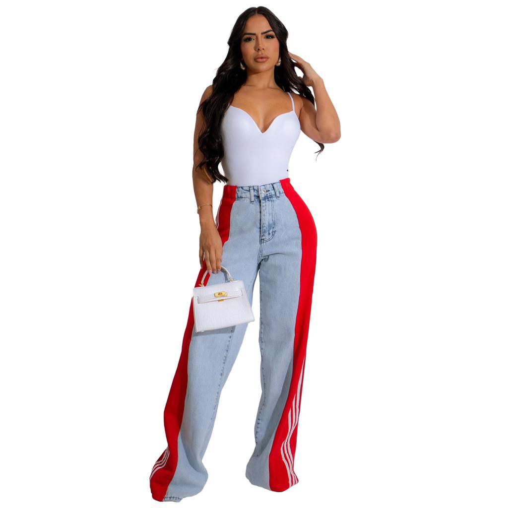 New Women's Patchwork Three-Stripe Wide Leg Jeans, Fashion Denim Straight Leg Stretch Pants for Casual Wear