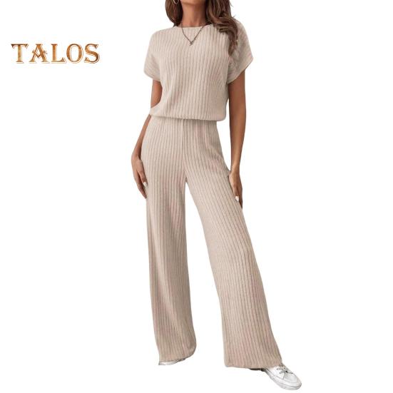 

Женский комплект из двух частей, трикотажный свитер с коротким рукавом, топ с широкими штанинами, комплекты для отдыха, повседневный трикотажный наряд в рубчик для весны и осени XXL абрикосовый