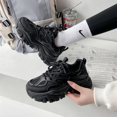 Neue Damenmode Plateau Sportschuhe Damen Frühling Herbst Schwarz Lässige Klobige Sneaker Damen Mesh Leder Plateauschuhe