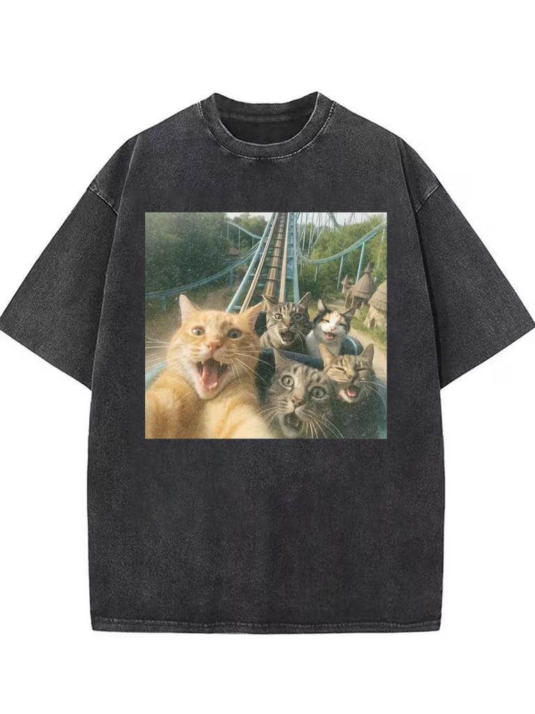 Funny Meme Cat Graphic TShirt Oversized Retro Washed Tee for Men Women Travel Daily Vacation Casual Street Outfits Streetwear
